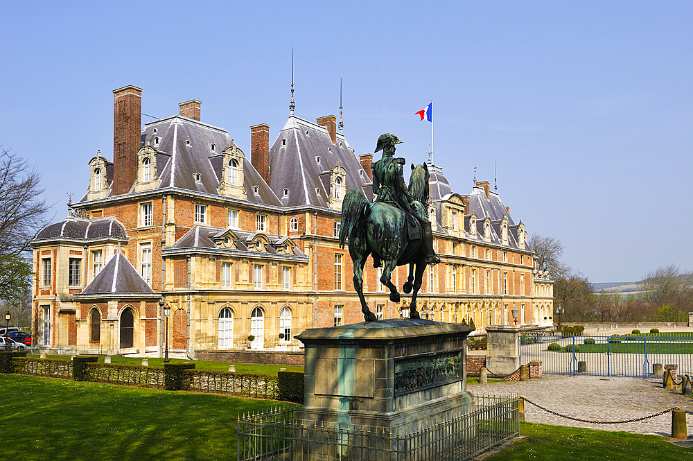 Equestrian statue of Ferdinand the Duke of Orleans in front of the Castle of Eu, Seine-Maritime department, Haute-Normandy region, northern France, Europe