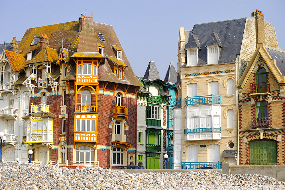 Maisons a colombages, Belle Epoque seafront villas, Mers-les-Bains, Somme department, Hauts-de-France, France, Europe