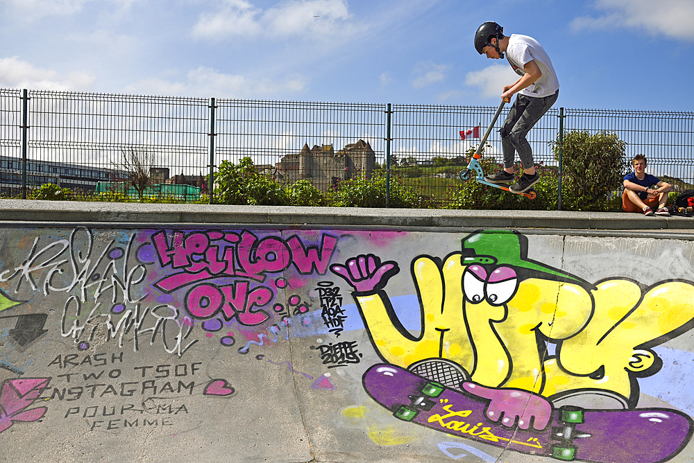 Skate park at sea front, Dieppe, Seine-Maritime department, Normandy region, France, Europe