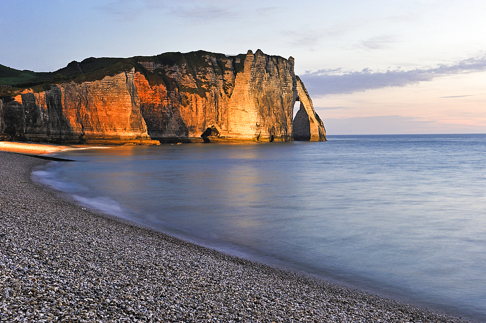 Floodlit cliff, Etretat, Seine-Maritime department, Normandy region, France, Europe