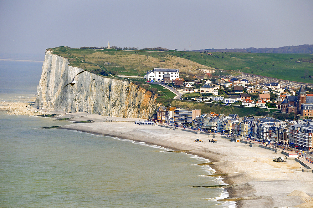 Sea front and beach of Mers-Les-Bains seen from Le Treport, Somme department, Picardie region, France, Europe