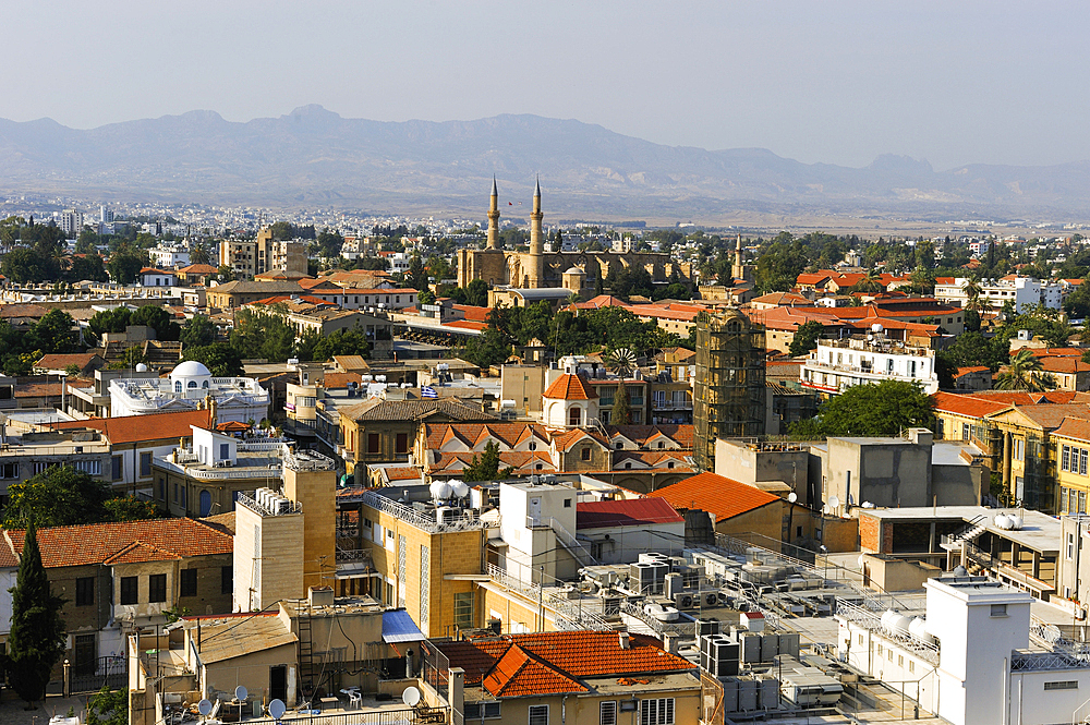 General view of the Turkish controlled part of Nicosia, with Agia Sofia Cathedral, formerly Cathedrale Sainte Sophie, turned into a mosque during the occupation by the Ottomans in 1570 and renamed Selimye mosque in 1954, Cyprus, Eastern Mediterranean Sea, Europe