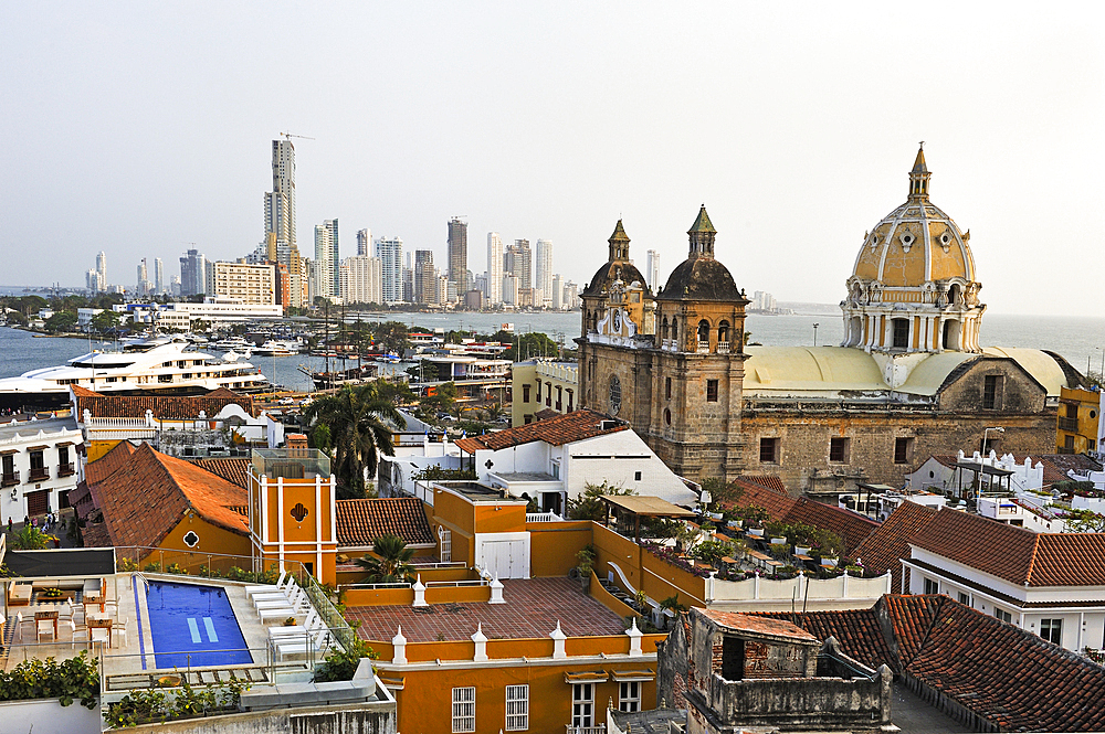 View toward the Church of San Pedro Claver, UNESCO World Heritage Site, from the top of the Movich Hotel in the downtown colonial walled city, Cartagena, Colombia, South America