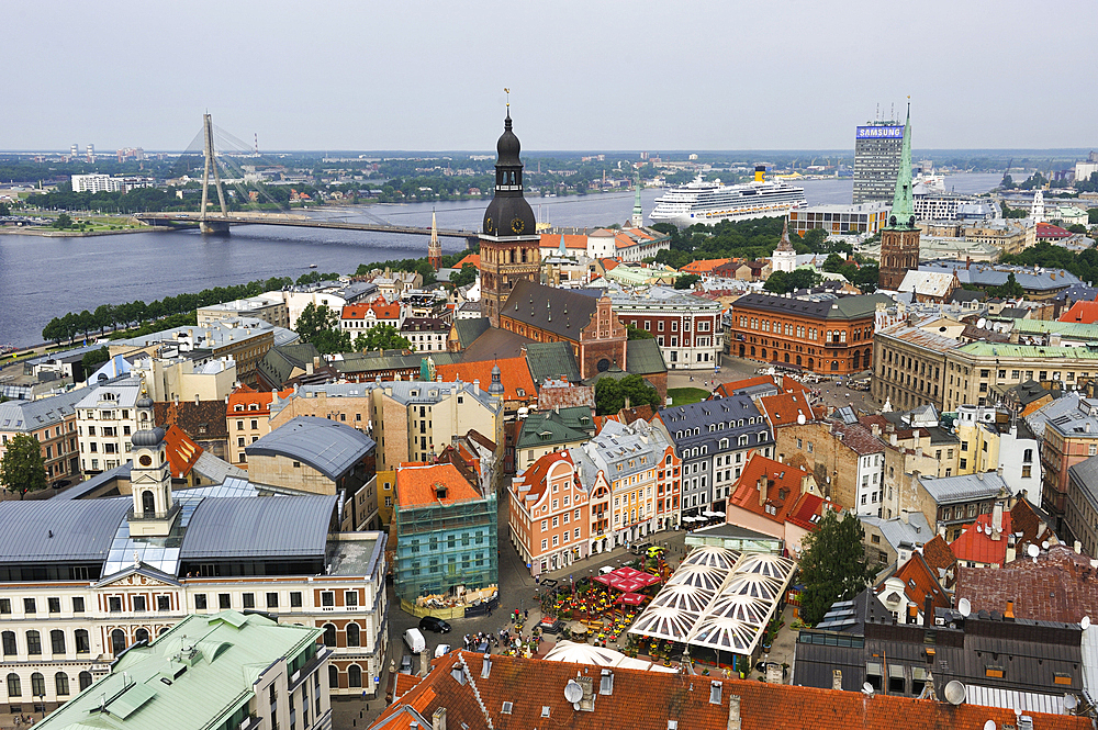 Aerial view over the Daugava River and the Dome Cathedral from St. Peter's Church tower, Riga, Latvia, Baltic region, Europe