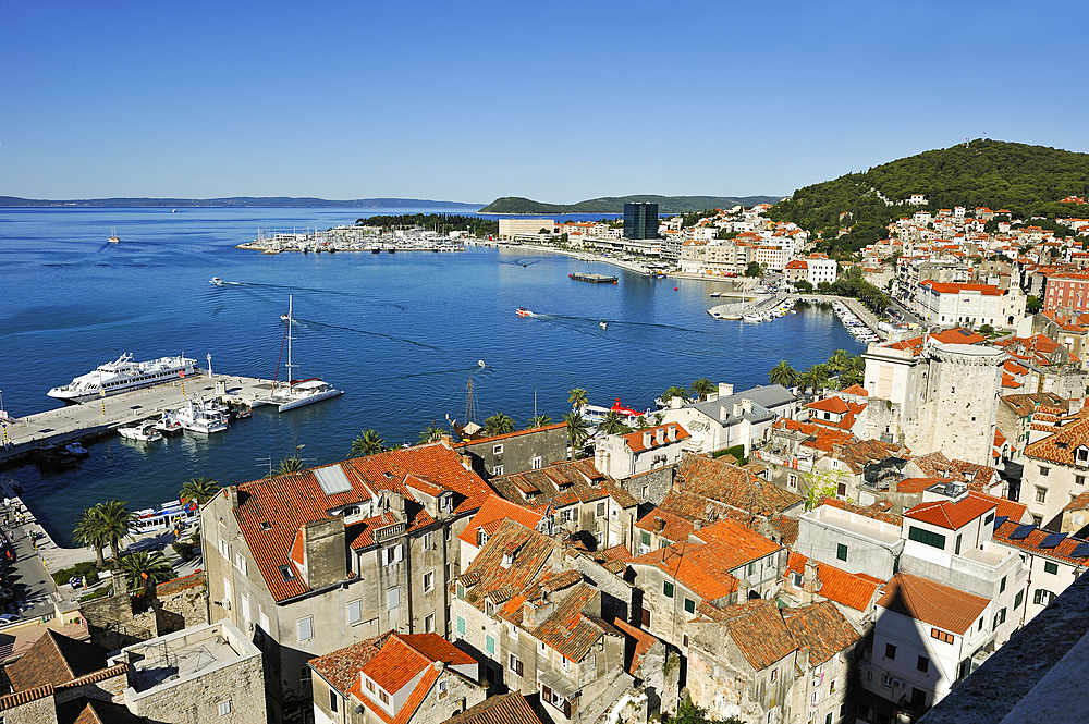 View of the Old Town, the marina and Marjane Hill, Split, Croatia, Europe