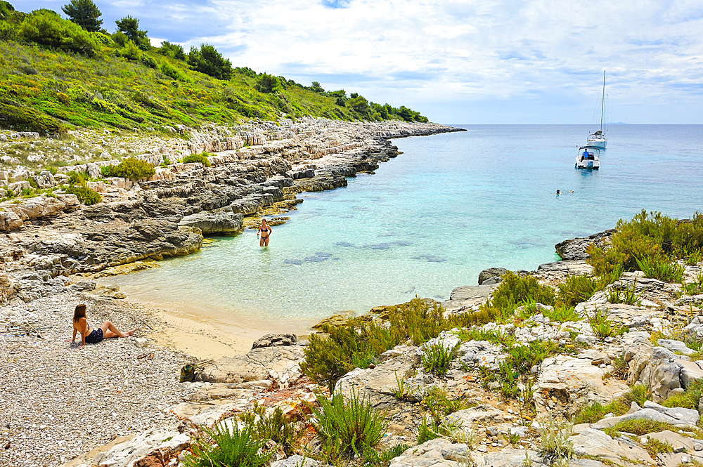 Small beach of Perna inlet, Palmizana, St. Clement island, Hell's Islands (Pakleni), Hvar city, Hvar island, Croatia, Southeast Europe