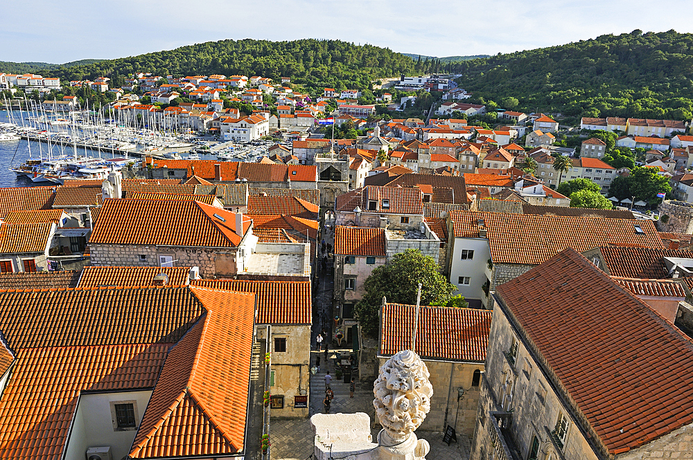 Korcula old town seen from the bell tower of the St. Mark's Cathedral, Korcula island, Croatia, Southeast Europe