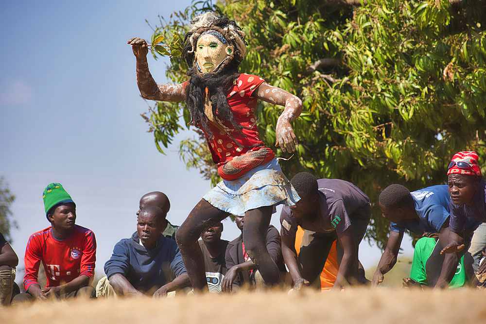 Masked dancer, The Kulamba Traditional Ceremony of the Chewa people from Zambia, Mozambique and Malawi, held annually on the last Saturday in August to pay homage to their Chief Kalonga Gaia Uni, held near Katete, Eastern Province, Zambia, Africa