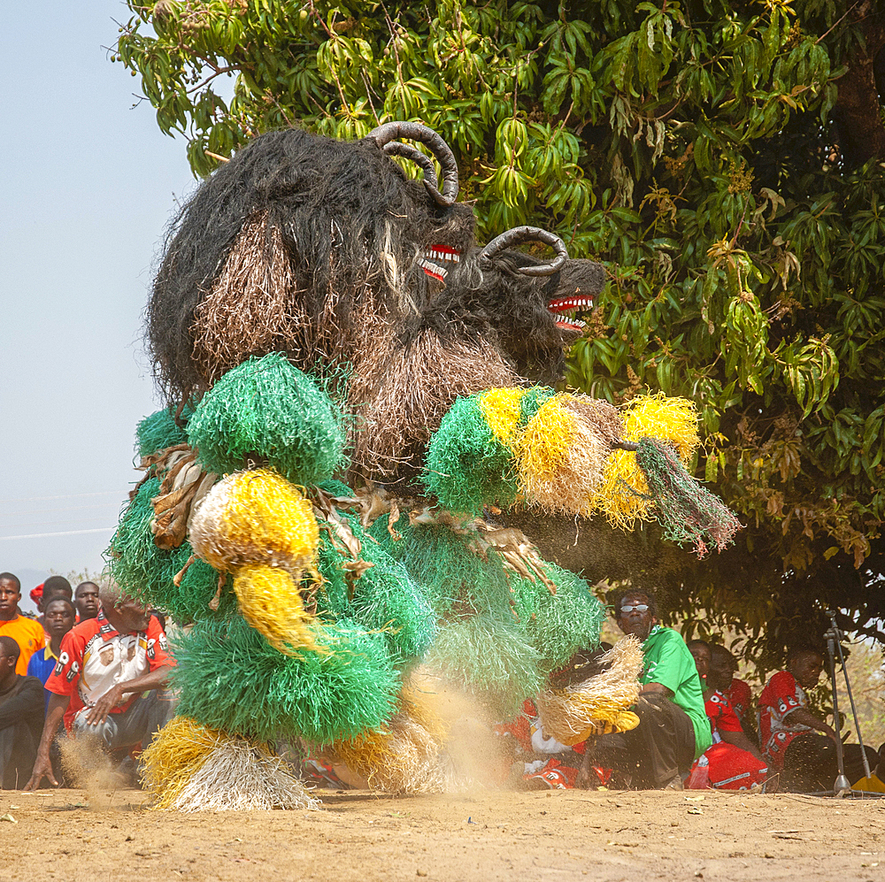 Masked dancers, The Kulamba Traditional Ceremony of the Chewa people from Zambia, Mozambique and Malawi, held annually on the last Saturday in August to pay homage to their Chief Kalonga Gaia Uni, held near Katete, Eastern Province, Zambia, Africa