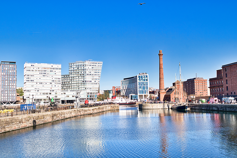Waterfront view featuring modern and historic architecture under a clear blue sky with a bird in flight in Liverpool, UK.