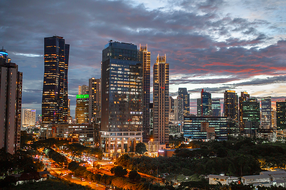 Evening skyline view of South Jakarta, Java, Indonesia, Southeast Asia, Asia