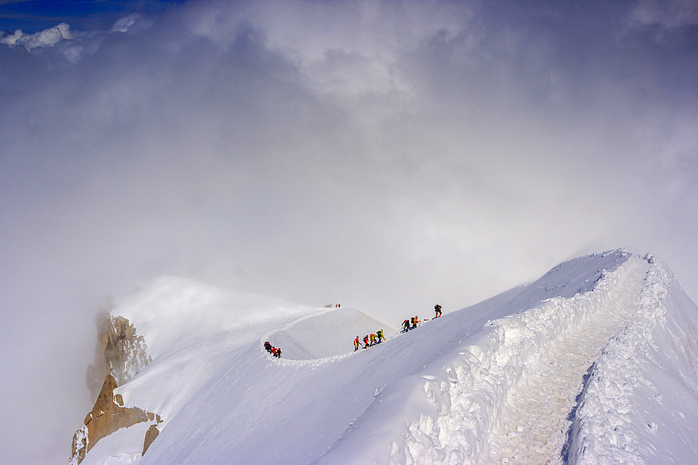 Mountaineering on the path from the Aiguille du Midi (Mont Blanc), France.