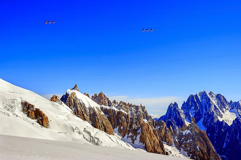 Aiguille du Plan (left) seen from la Vallee Blanche (Mont Blanc cable cars above), France.