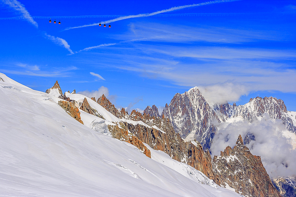 Panoramic Mont Blanc cable car crossing the Glacier du Geant, France.