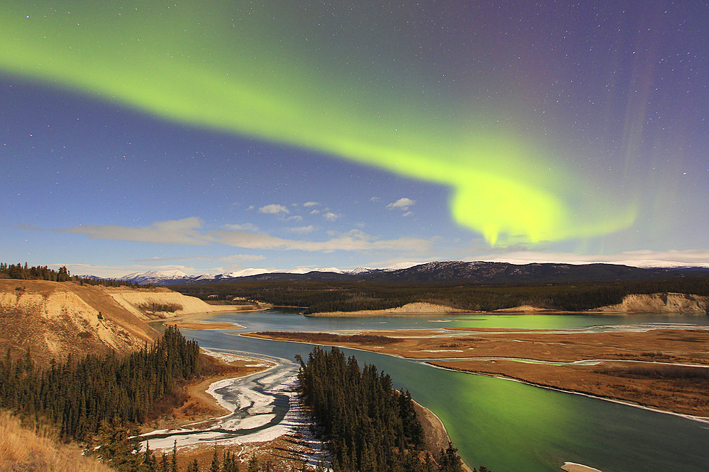 Aurora borealis over the Yukon River, Whitehorse, Yukon, Canada.
