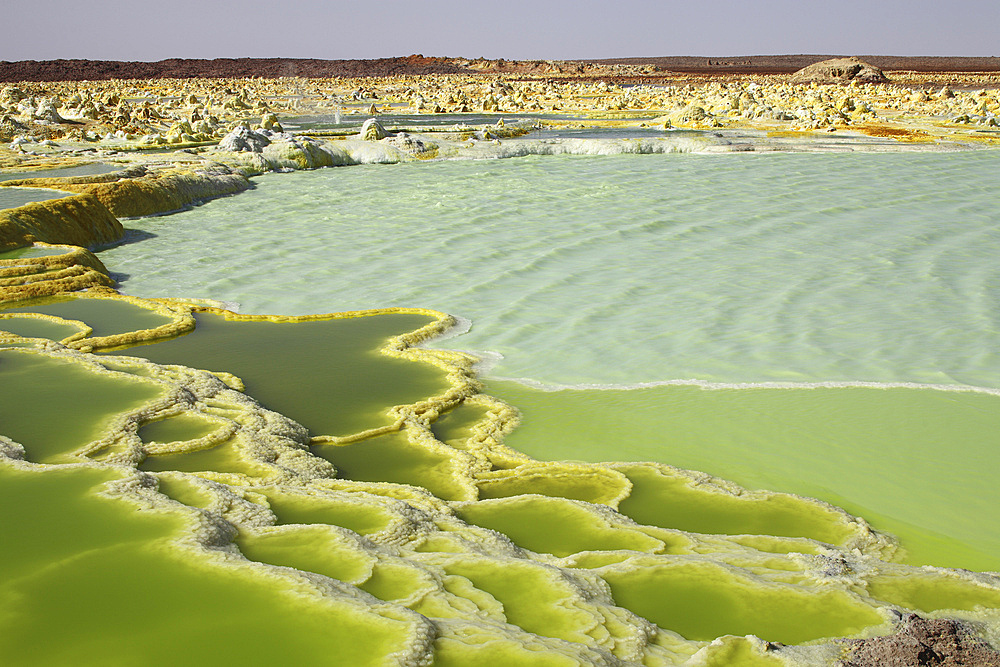January 27, 2011 - Dallol geothermal area, terraces, potassium salt deposits formed by brine hot springs, Danakil Depression, Ethiopia.
