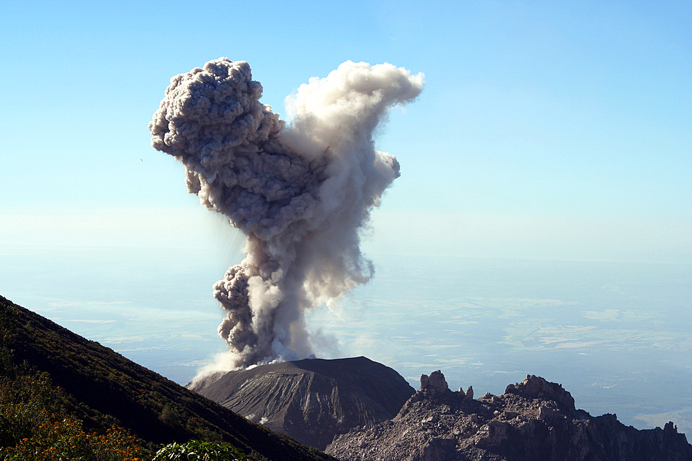 December 12, 2005 - Eruption of ash cloud from Santiaguito dome complex, Santa Maria volcano, Guatemala.