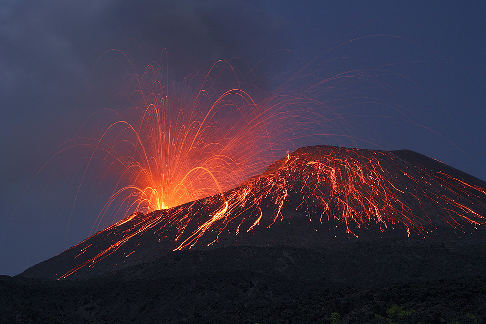May 20, 2008 - Lava bomb trajectories visible during nighttime vulcanian eruption of Anak Krakatau volcano, Sunda Strait, Java, Indonesia.