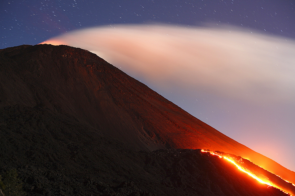 December 22, 2007 - Lava flowing from a small lava shield on the flank of Pacaya volcano, Guatemala.