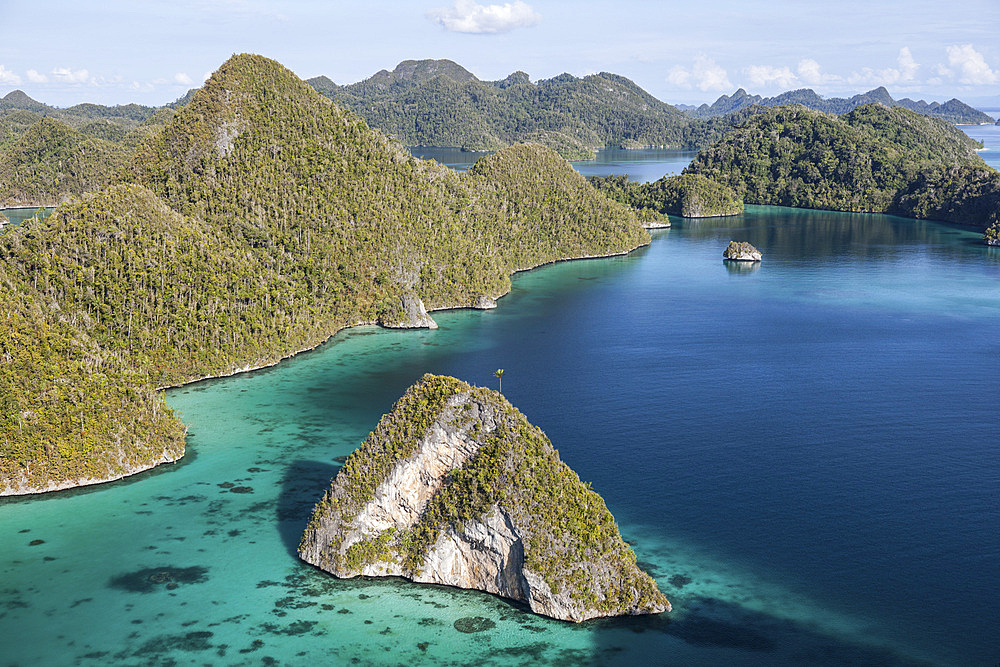 Forest-covered limestone islands surround a gorgeous lagoon in a remote part of Raja Ampat, Indonesia. This beautiful region is known as the heart of the Coral Triangle and is a popular destination for scuba divers and snorkelers.