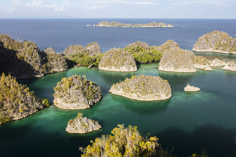 Limestone islands surround a beautiful lagoon in Raja Ampat, Indonesia. This remote region is known as the heart of the Coral Triangle due to its extraordinary marine biodiversity.