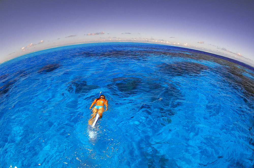 Snorkeler exploring lagoon in Bora Bora, French Polynesia.