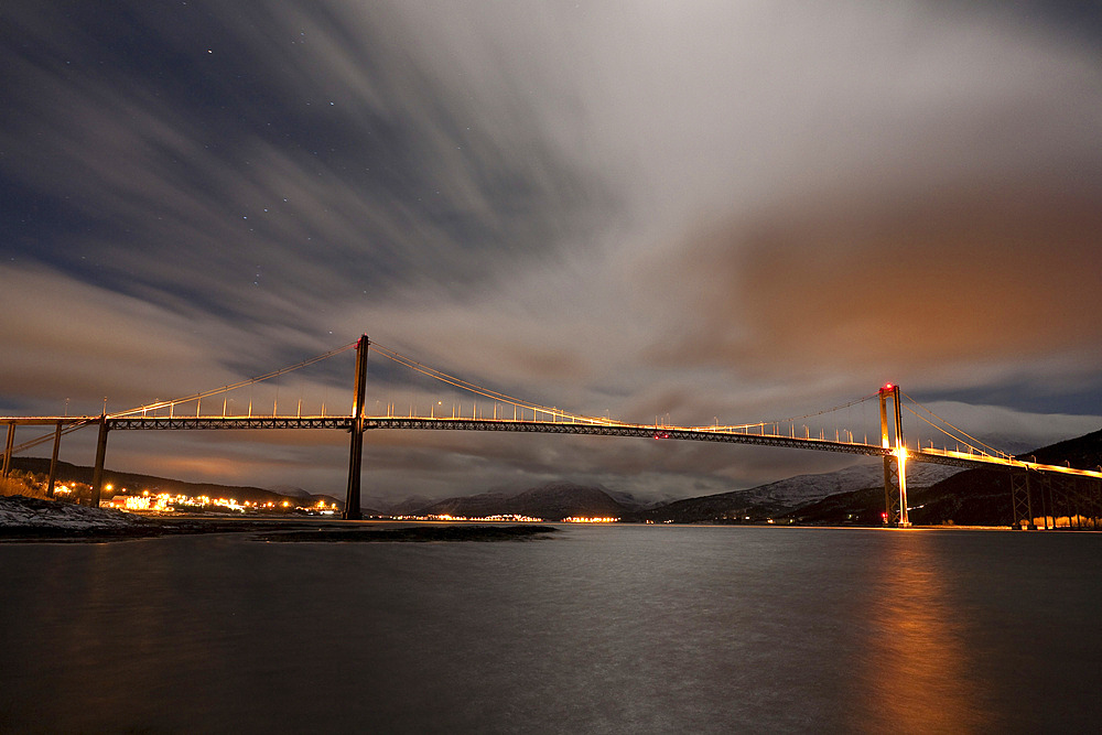 Dramatic sky over Tjeldsund Bridge in Troms County, Norway.