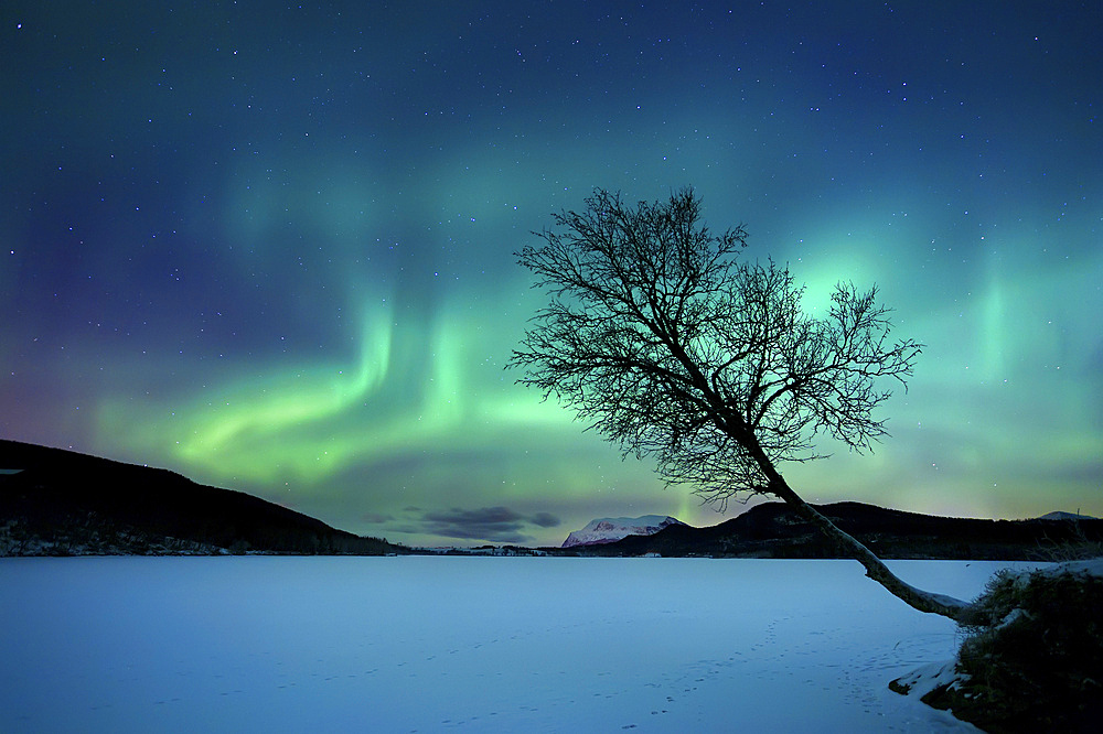 Aurora Borealis over Sandvannet Lake in Troms County, Norway. Auroras are the result of the emissions of photons in the Earth's upper atmosphere.
