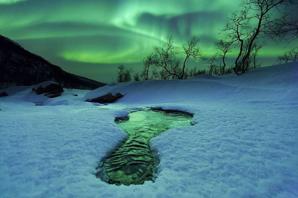 Aurora Borealis over a frozen river, Klubbfjellet Mountain, Nordland, Norway.