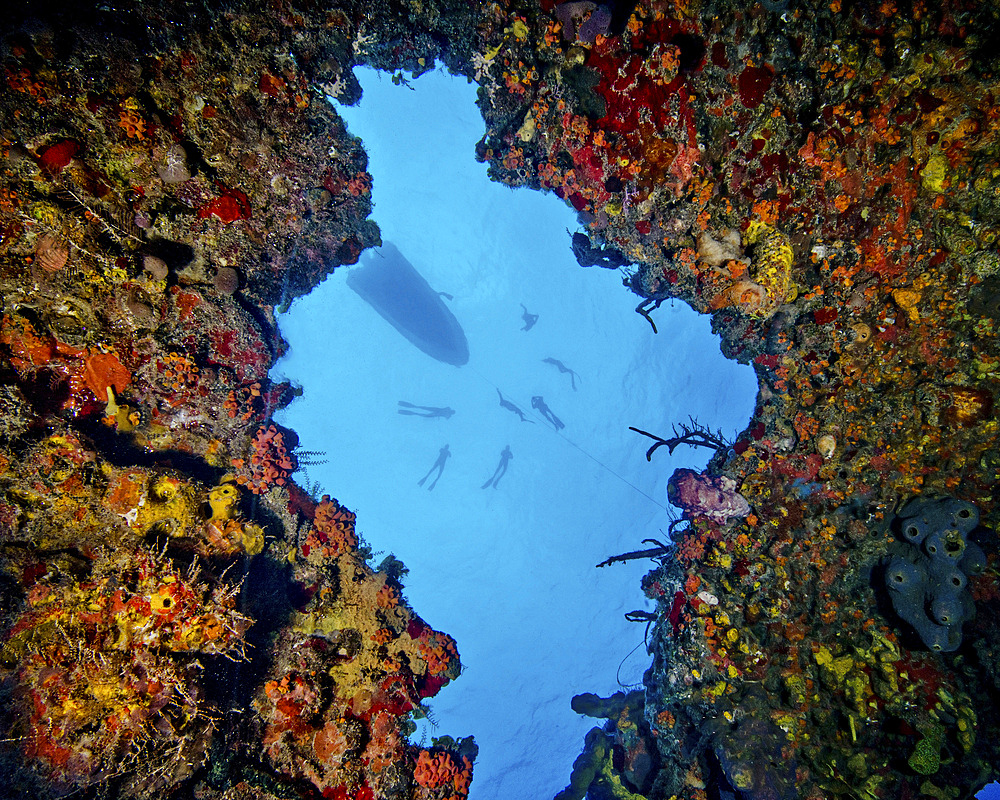 World champion free diver and his team in training shot from inside a sunken barge 90 feet below in Bimini, Bahamas.