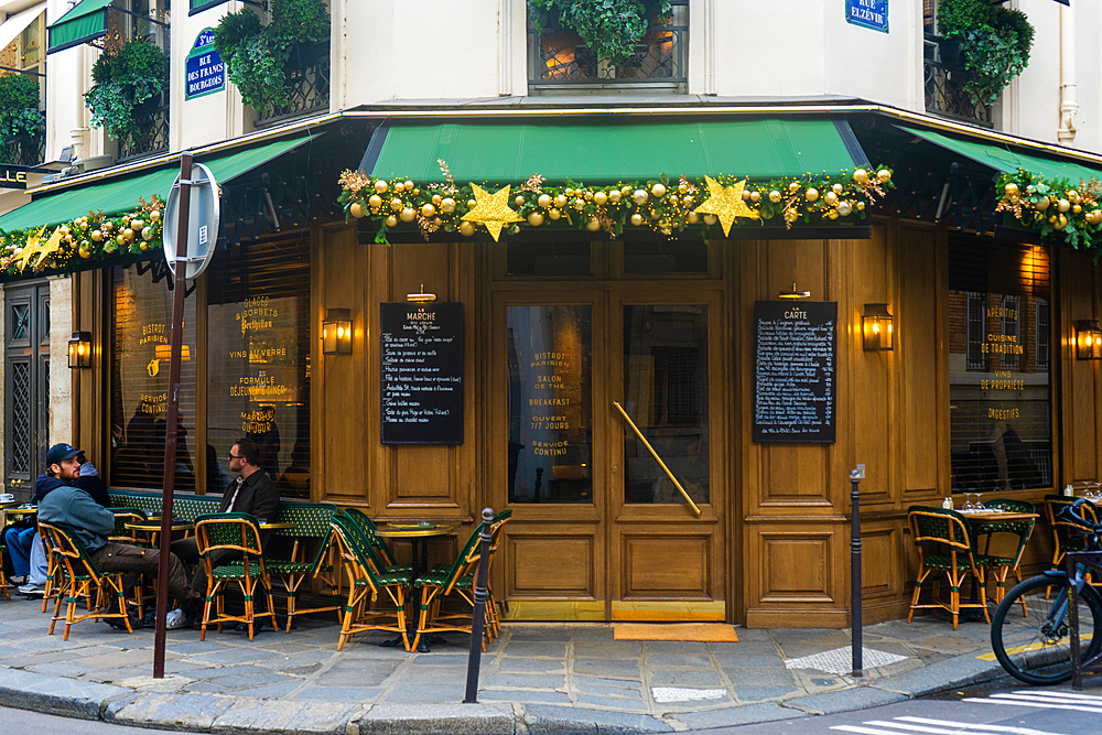 Terrace of restaurant Camille at Christmas on Rue du Francs Bourgeois in the Marais, Paris, France