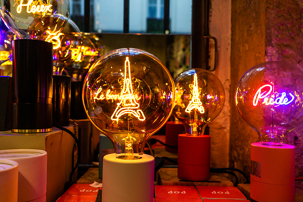 Light bulbs with Eiffel Tower, Paris, France