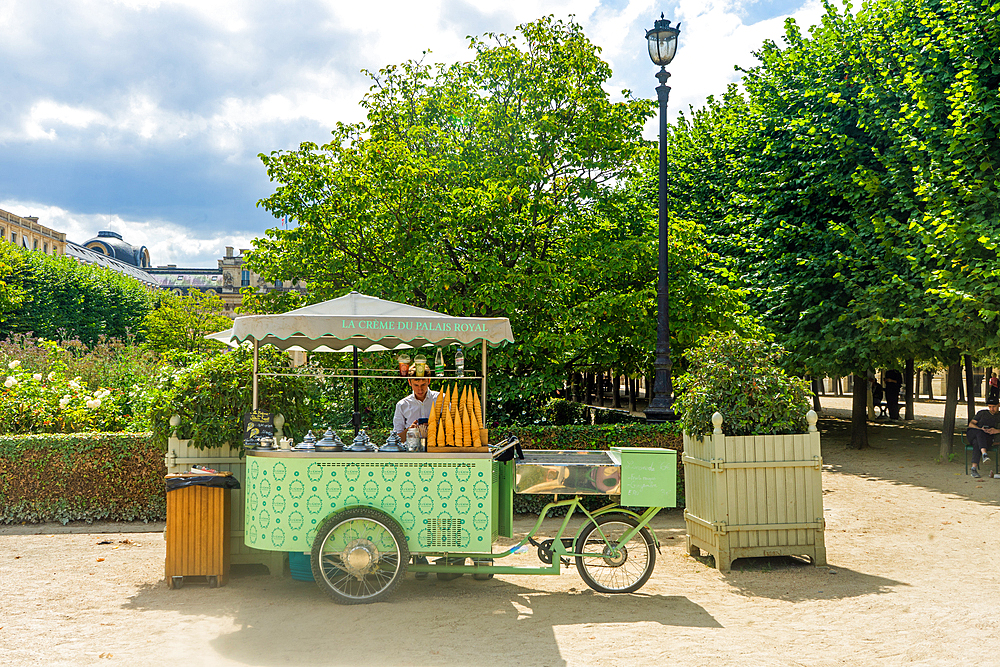 Ice cream stand. in Jardin du Palais Royal on a sunny day in summer