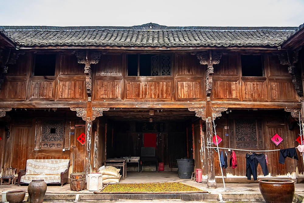 Still inhabited ancient wooden house in Yuyuan Ancient Village, Wuyi County, Jinhua City, Zhejiang Province, China. The village has more than 1000 ancient buildings dating as far back as the Song Dynasty 1000 years ago.