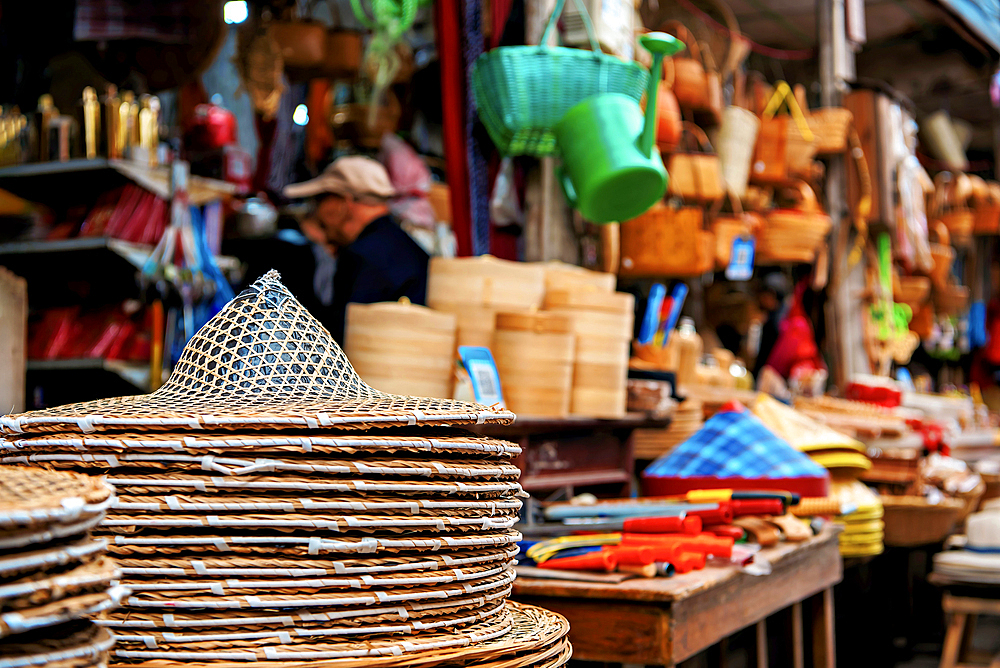 Household items and woven hats at Youbu Old Town, Lanxi County, Jinhua City, Zhejiang, China. Located at the intersection of 4 provinces, merchants have gathered here since the Ming Dynasty and is renowned for its 5a.m. morning tea (breakfast) culture.