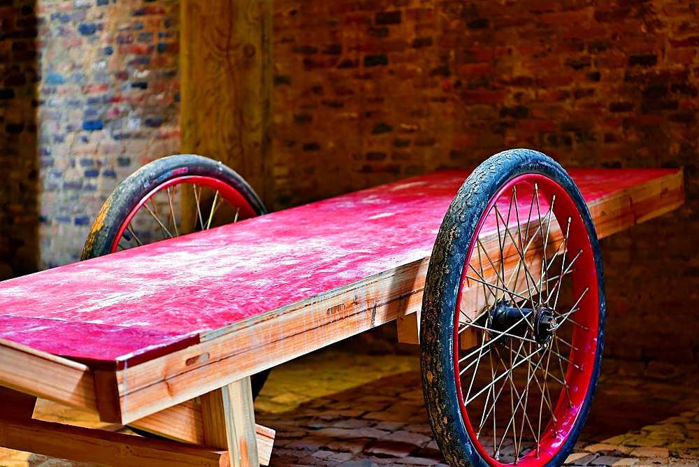 Wooden cart for transporting pottery. Taoyang Alley, Jingdezhen (porcelain capital of China), Jiangxi Province, China. Taoyang Alley produced porcelain products for the royal families for use and as diplomatic gifts since the Ming Dynasty 700 years ago.