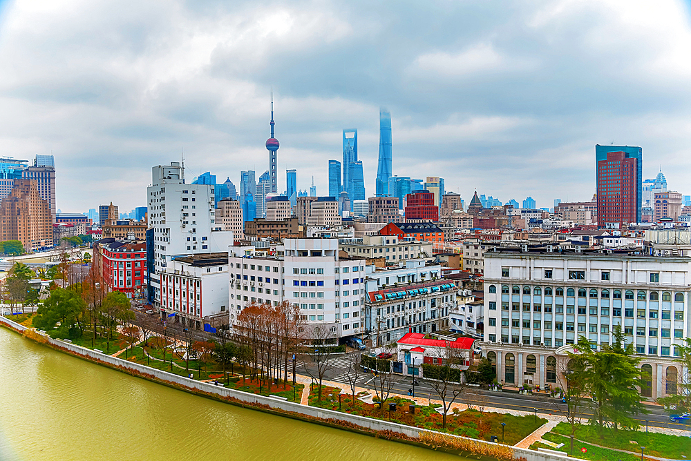 Shanghai city skyline by the Suzhou Creek, Shanghai, China.