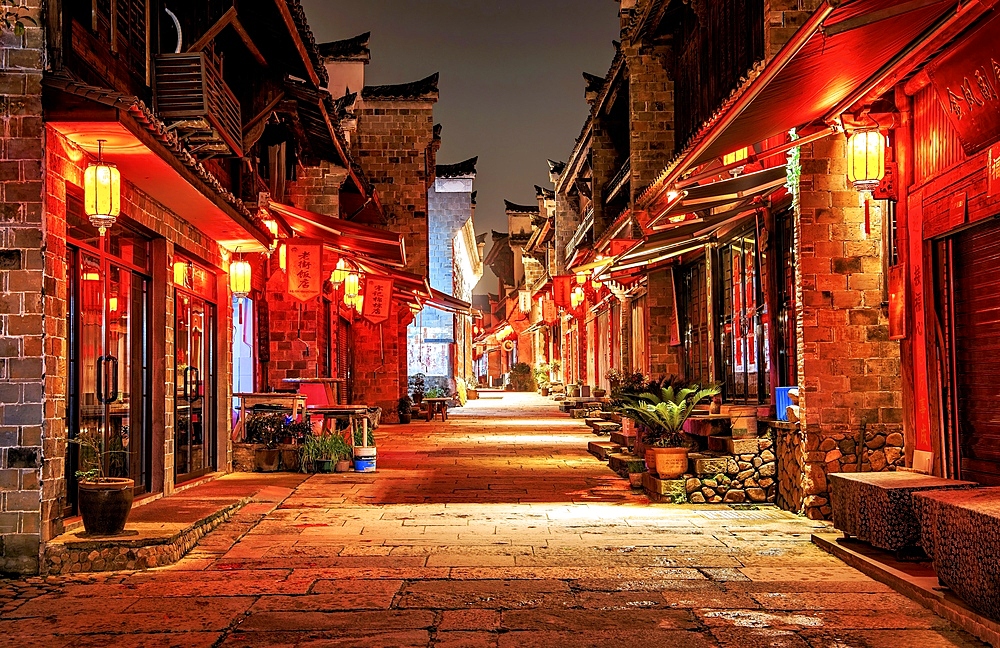 Nianbadu ancient town (since 878 AD) at night, Jiangshan City, Zhejiang Province, China. Strategically located at the junction of Zhejiang, Jiangxi and Fujian provinces, the town embodies cultures of the 3 provinces.
