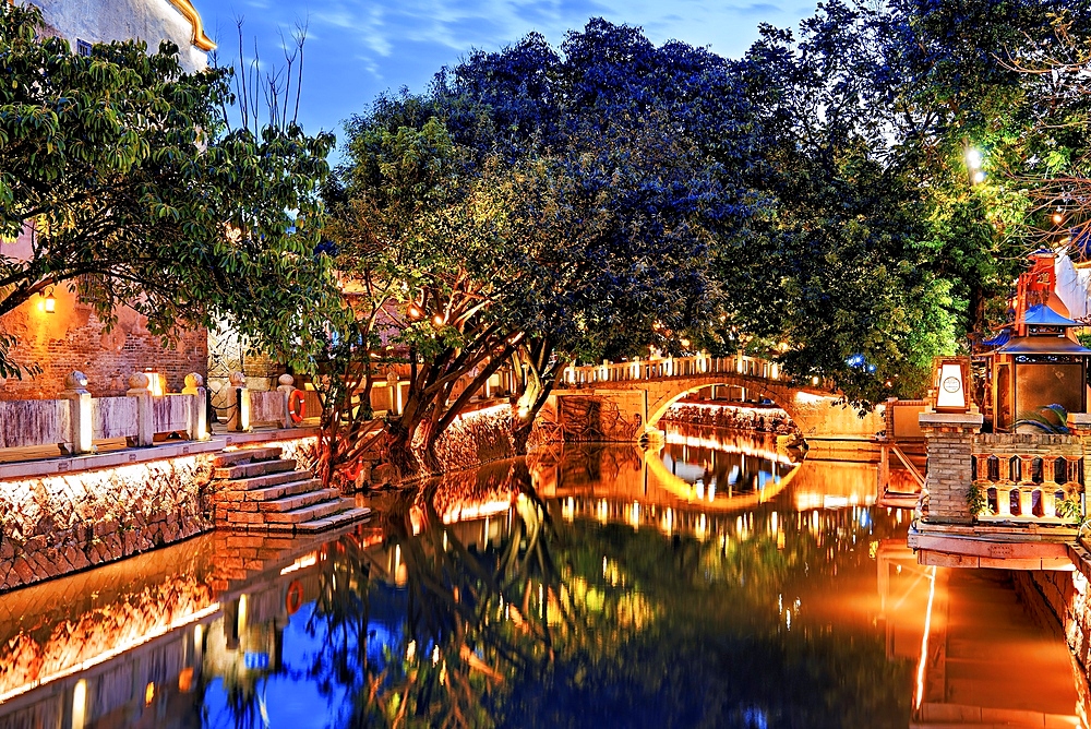 ShangXia Hang historical cultural district during the blue hour, Fuzhou, Fujian Province, China. The district retained and restored many heritage buildings from the Ming and Qing Dynasties to the Republic of China Era.