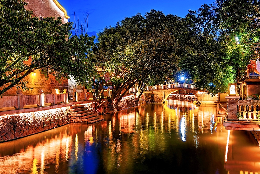 ShangXia Hang historical cultural district during the blue hour, Fuzhou, Fujian Province, China. The district retained and restored many heritage buildings from the Ming and Qing Dynasties to the Republic of China Era.