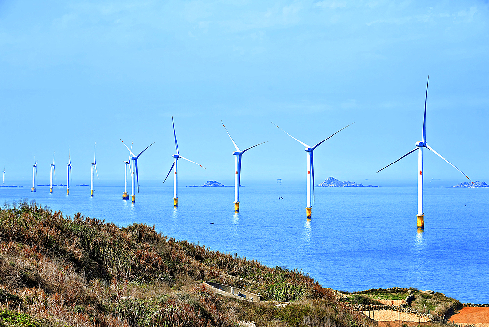 Windmills in the sea. Pingtan Island, Fuzhou City, Fujian Province, China.