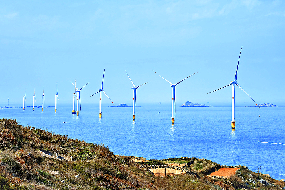 Windmills in the sea. Pingtan Island, Fuzhou City, Fujian Province, China.