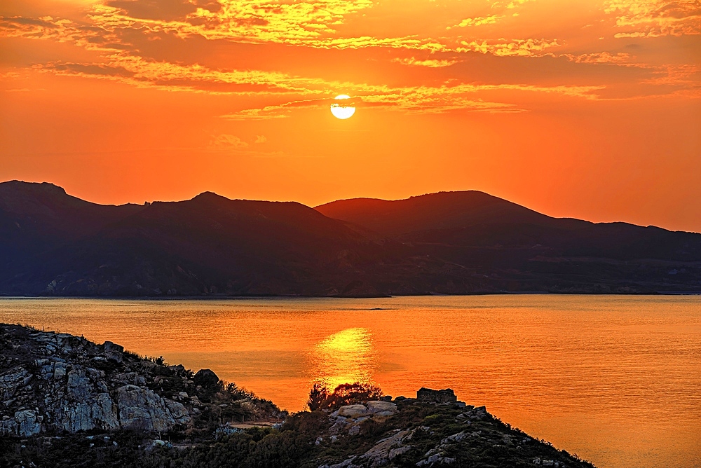 Golden sunset over the hills and the sea of Pingtan Island, Fuzhou City, Fujian Province, China.