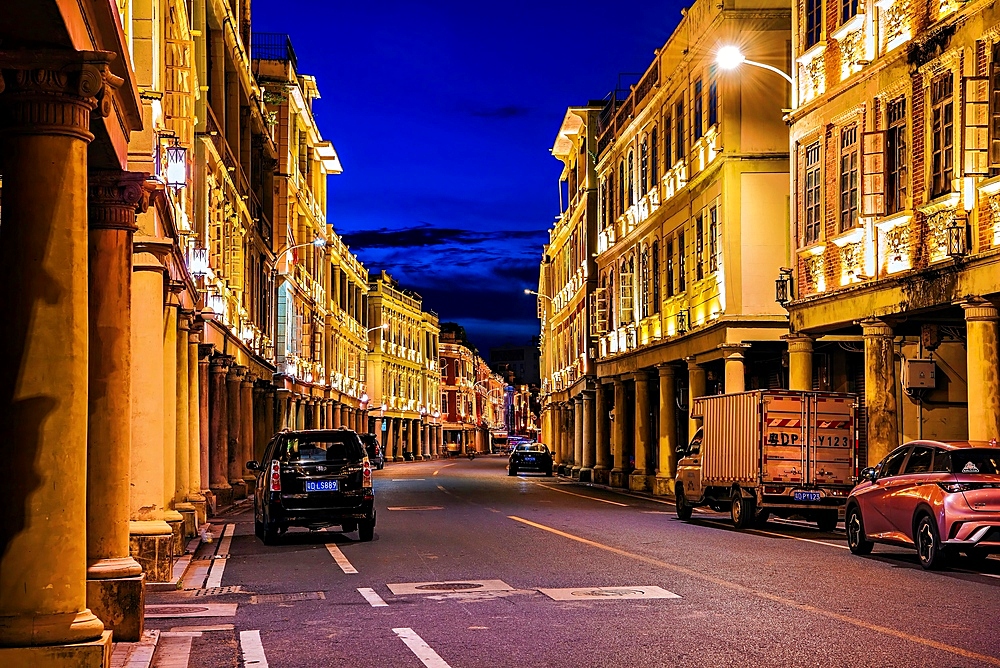 Heritage buildings of Xiaogongyuan (Little Park) at night, Shantou, Guangdong Province, China