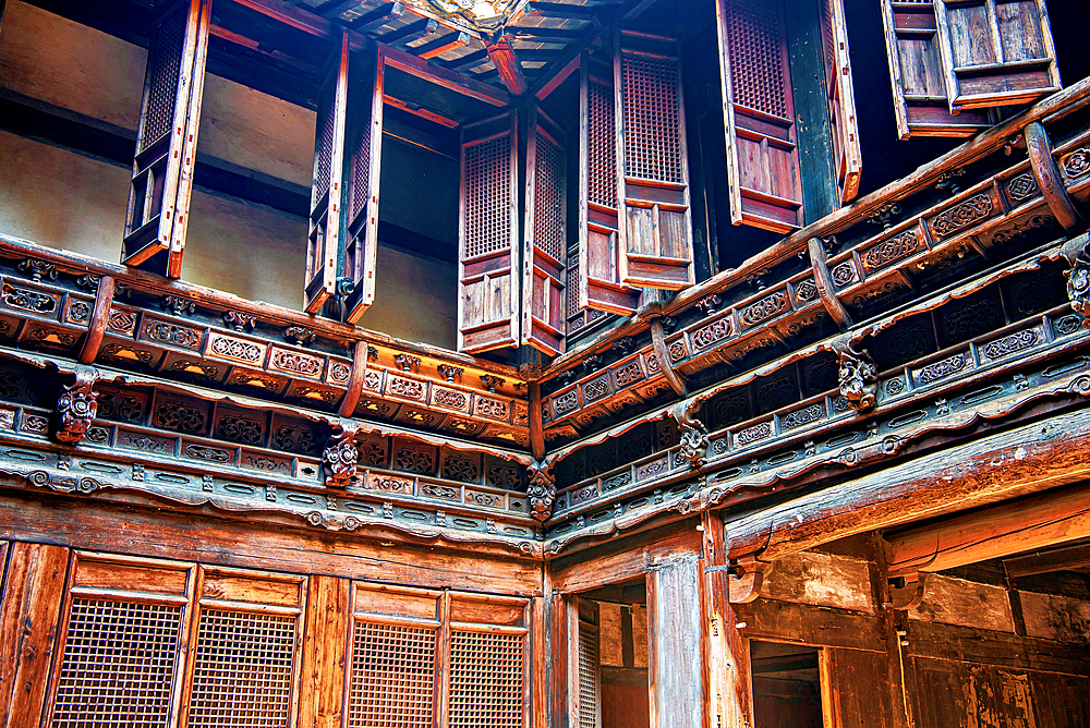 A traditional house with fine woodworks at Qiankou Residences, Huangshan, Anhui Province, China. The compound comprise Hui style residences built during the Ming and Qing dynasties (1400s-1600s) by wealthy merchants.