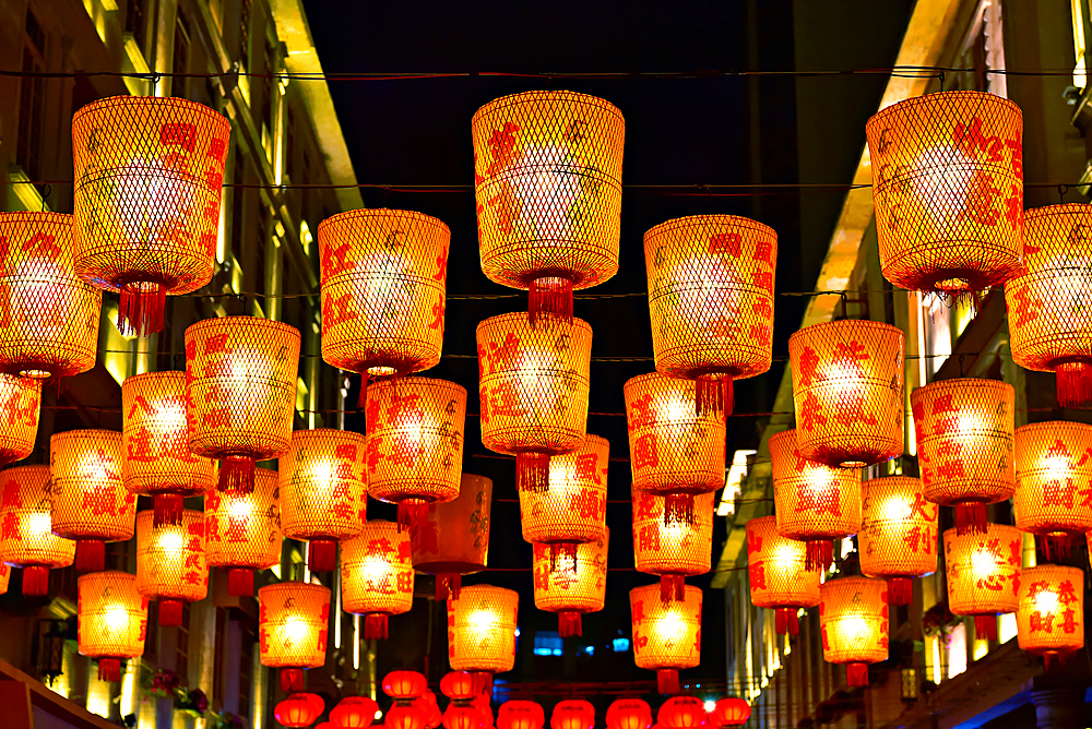 Decorative lanterns in Xiaogongyuan (literally mean Little Park) in Shantou City, Guangdong Province, China. The area is the key tourist spot in Shantou City with buildings constructed during the Republic of China era (1911 - 1949).