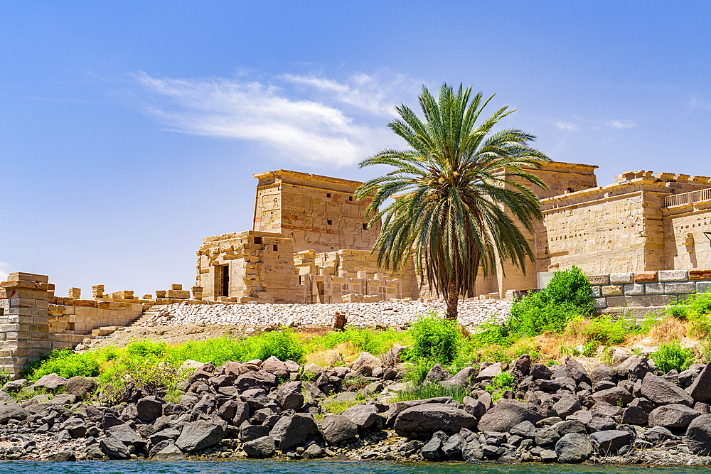 Ancient Temple of Philae surrounded by palm trees, Aswan, Egypt
