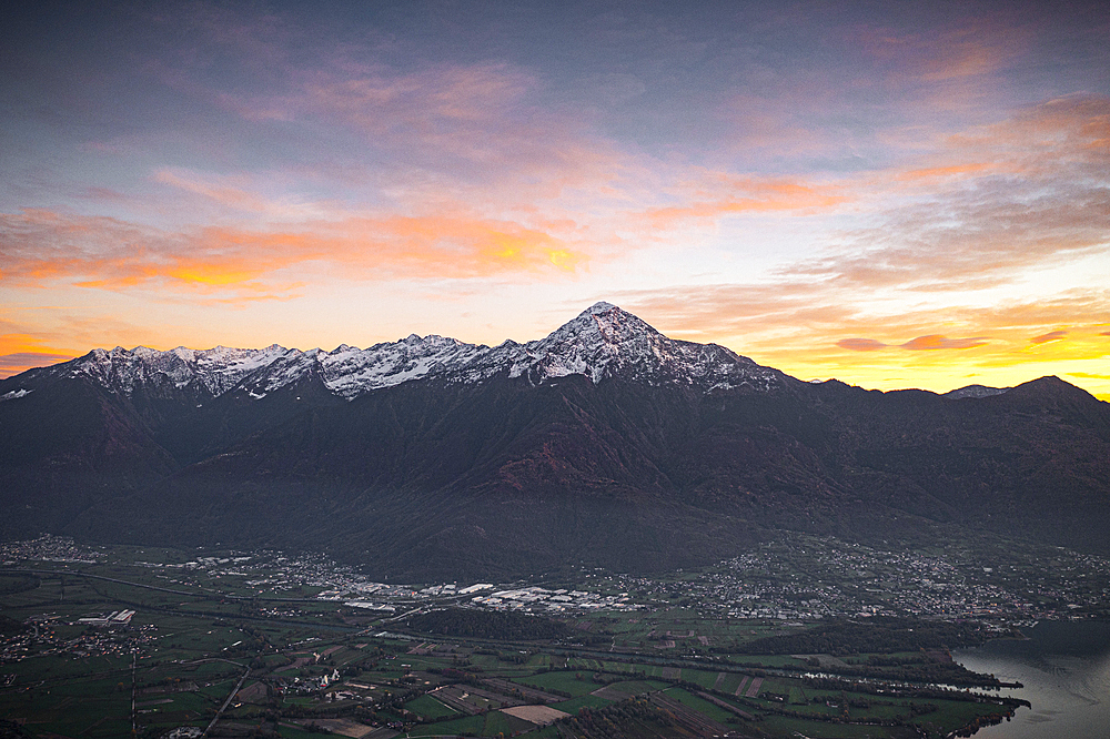 Aerial view of Monte Legnone and Orobie Alps at sunset, lower Valtellina, Sondrio province, Lombardy, Italy