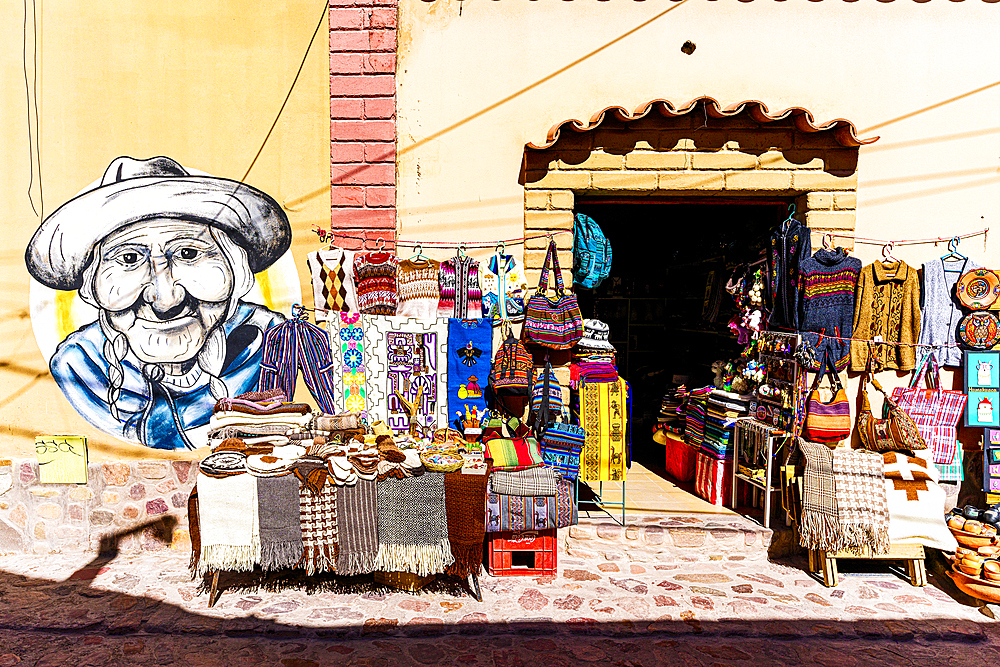 Souvenirs shops decorated with murals, Humahuaca, Jujuy province, Argentina