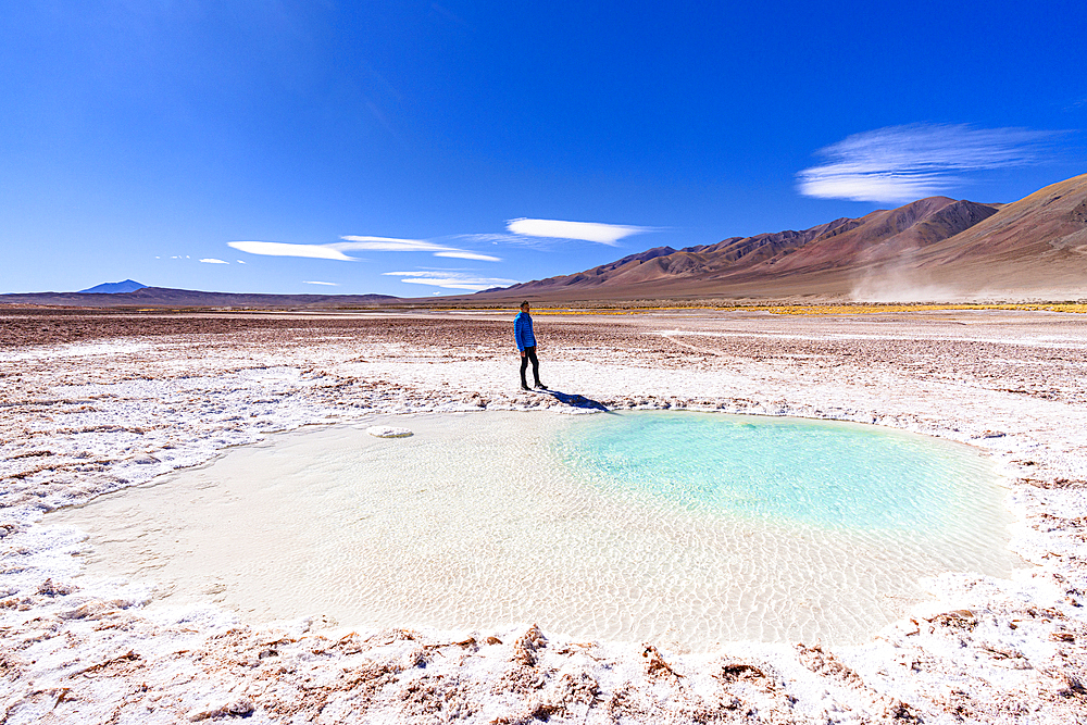 Man observing salt pond in salt desert, Ojos del Mar, Tolar Grande, Argentina